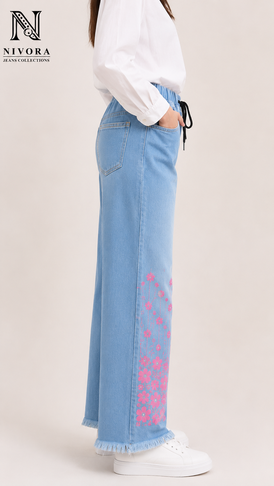 Nivora Collections Ladies White Leg Flower Printed Flapper Jeans – Sky Blue | Women's Wide Leg Denim Pants