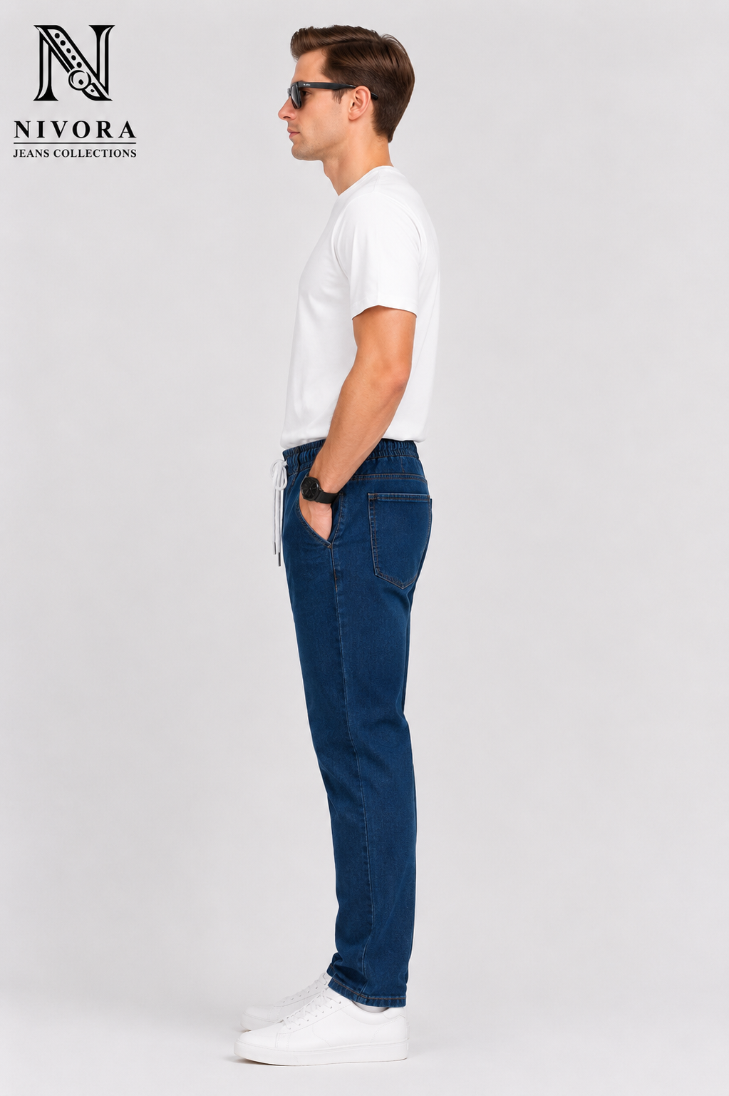 Slim Fit Denim Blue Thigh Spray Narrow Jeans for Men | Premium Stretch Denim | Nivora Collections