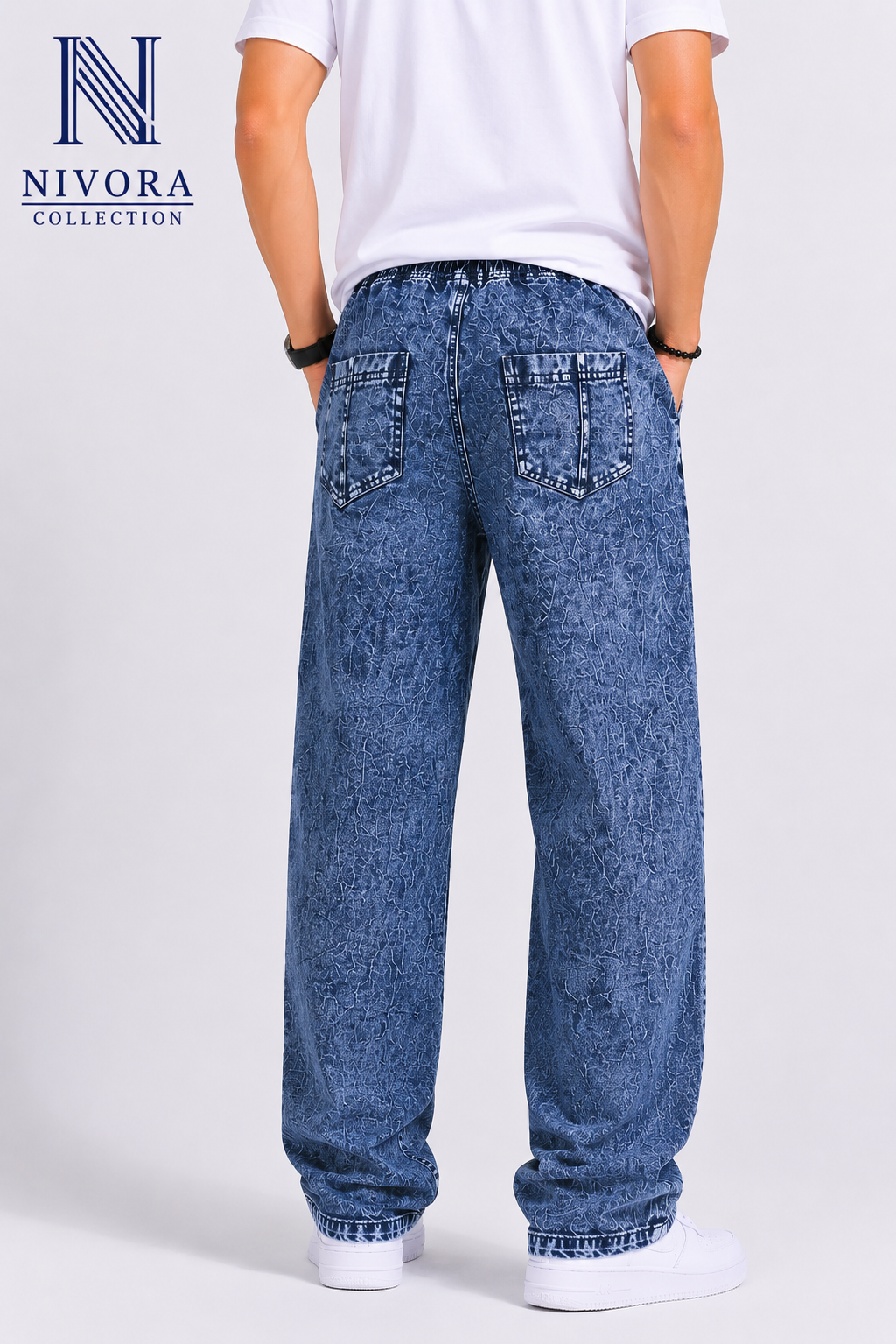 Nivora Collections Dark Blue Stonewash Loose Jeans for Men