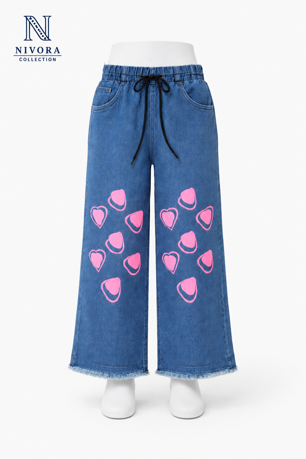 Nivora Collections Ladies Wide Leg Heart Printed Denim Jeans Dark Blue
