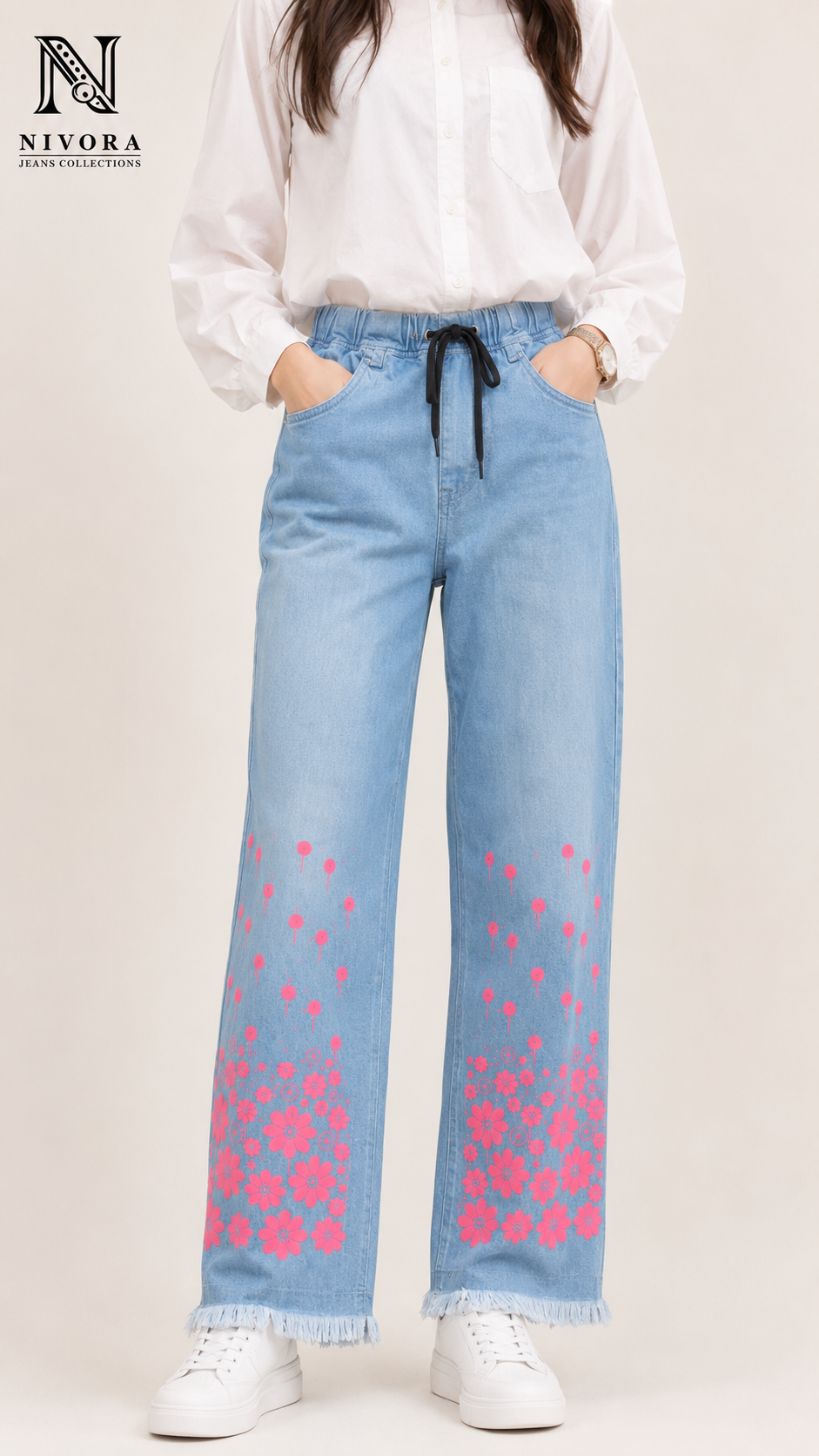 Nivora Collections Ladies White Leg Flower Printed Flapper Jeans – Sky Blue | Women's Wide Leg Denim Pants