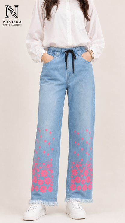 Nivora Collections Ladies White Leg Flower Printed Flapper Jeans – Sky Blue | Women's Wide Leg Denim Pants