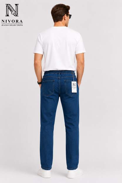 Slim Fit Denim Blue Thigh Spray Narrow Jeans for Men | Premium Stretch Denim | Nivora Collections