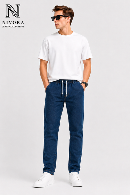 Slim Fit Denim Blue Thigh Spray Narrow Jeans for Men | Premium Stretch Denim | Nivora Collections