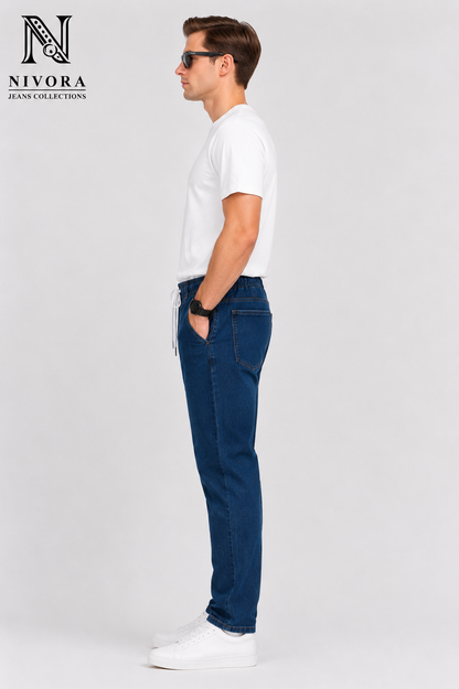 Slim Fit Denim Blue Thigh Spray Narrow Jeans for Men | Premium Stretch Denim | Nivora Collections