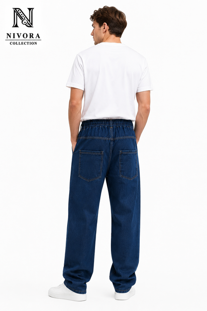 Baggy Faded Thread Front Pocket Blue Stone Wash Denim Jeans for Men | Loose Fit Casual Wide Leg Jeans | Nivora Jeans Collections