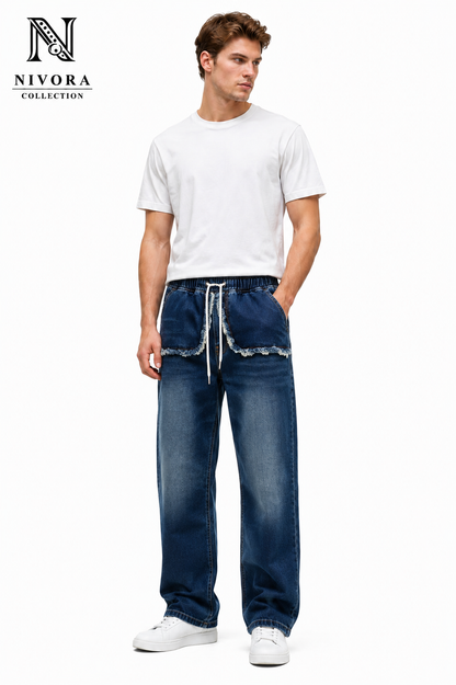 Baggy Faded Thread Front Pocket Blue Stone Wash Denim Jeans for Men | Loose Fit Casual Wide Leg Jeans | Nivora Jeans Collections