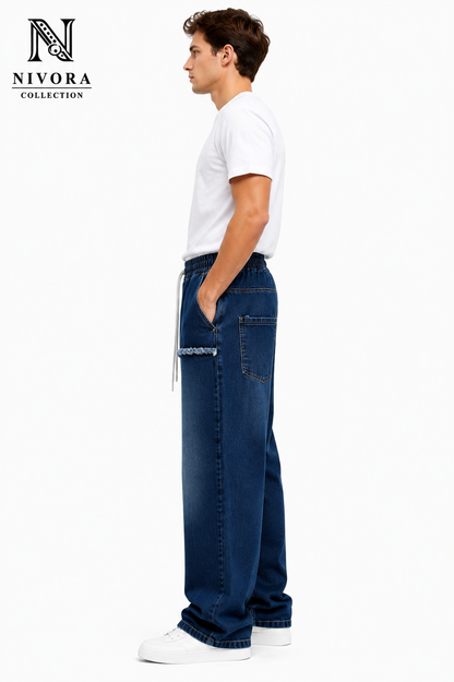 Baggy Faded Thread Front Pocket Blue Stone Wash Denim Jeans for Men | Loose Fit Casual Wide Leg Jeans | Nivora Jeans Collections