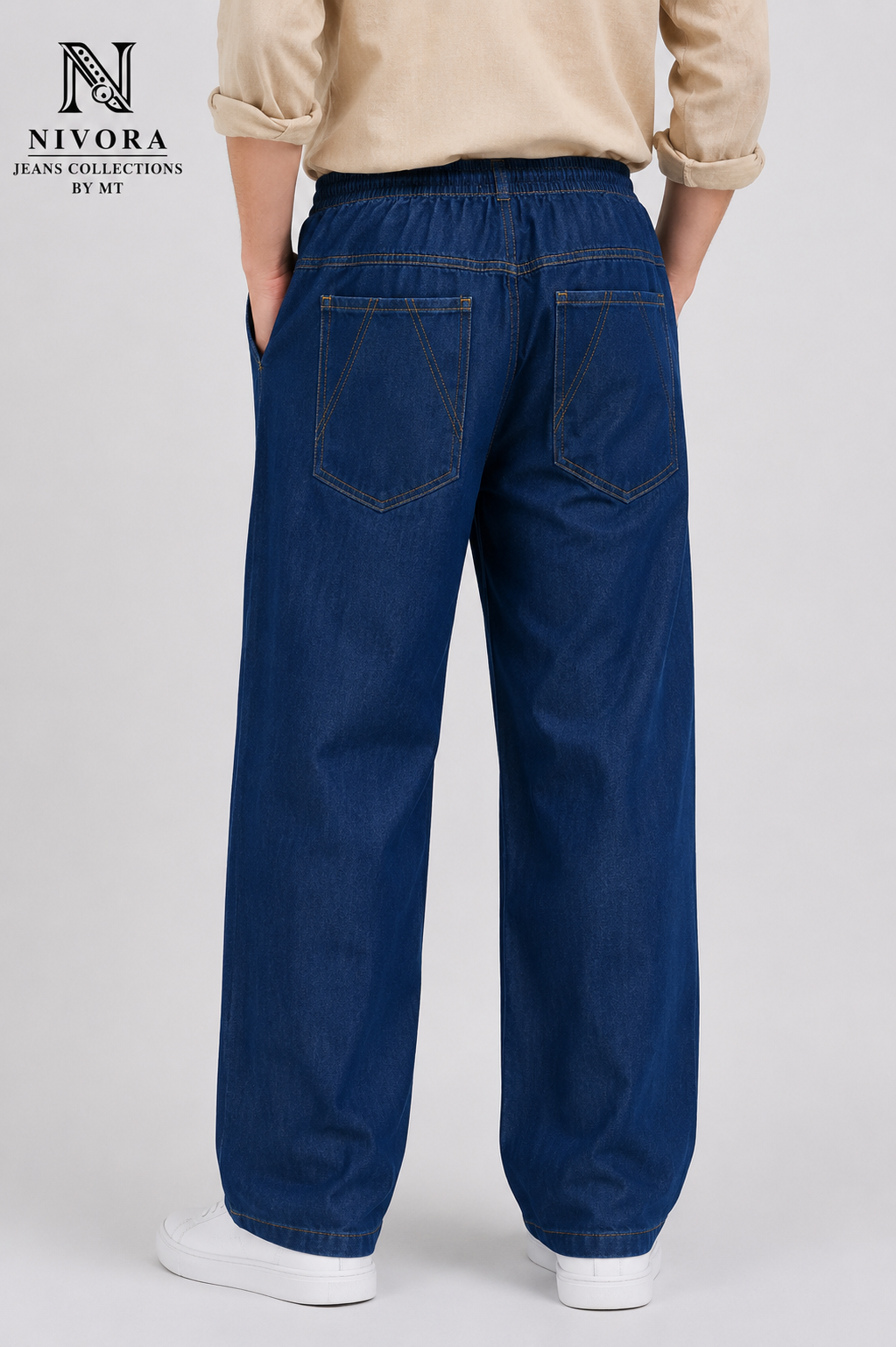 Nivora Signature V-Stitch Baggy Drawstring Denim Jeans for Men | Relaxed Fit Deep Blue Adjustable Waist Casual Streetwear