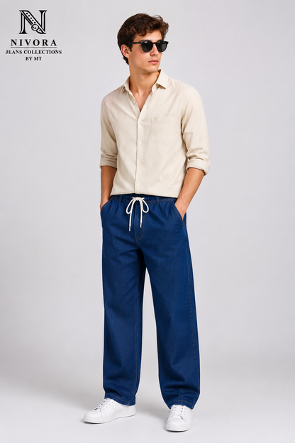 Nivora Signature V-Stitch Baggy Drawstring Denim Jeans for Men | Relaxed Fit Deep Blue Adjustable Waist Casual Streetwear