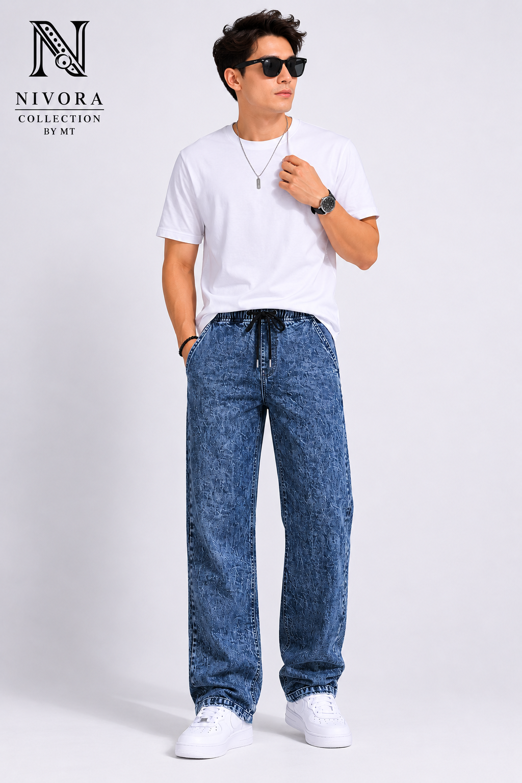 Nivora Collections Dark Blue Stonewash Loose Jeans for Men