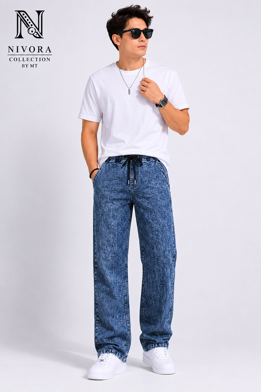 Nivora Collections Dark Blue Stonewash Loose Jeans for Men