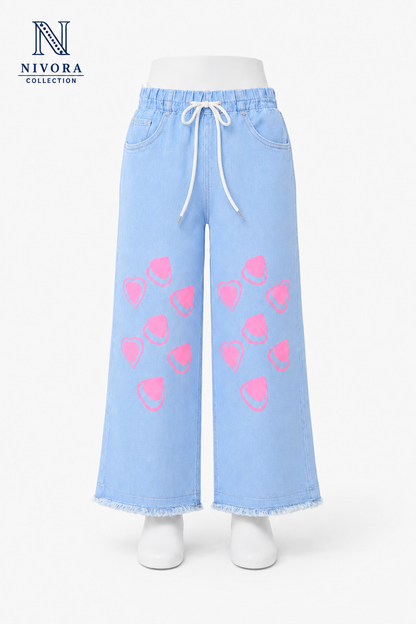 Nivora Collections Ladies Wide Leg Heart Printed Denim Jeans Dark Blue