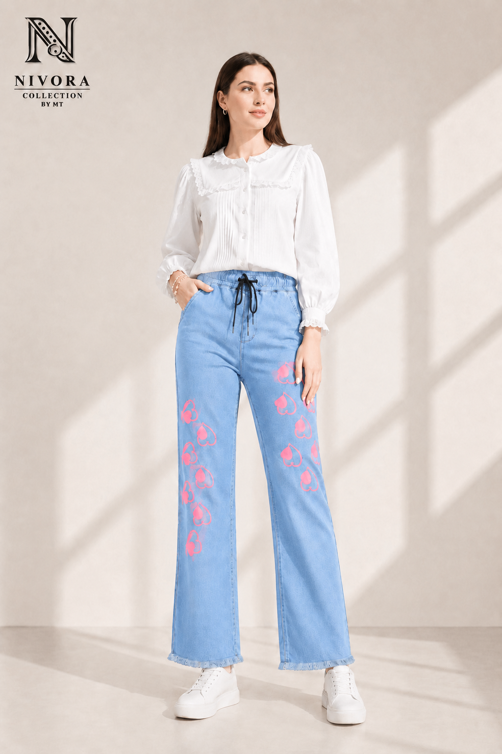 Nivora Collections Ladies Wide Leg Heart Printed Denim Jeans Dark Blue