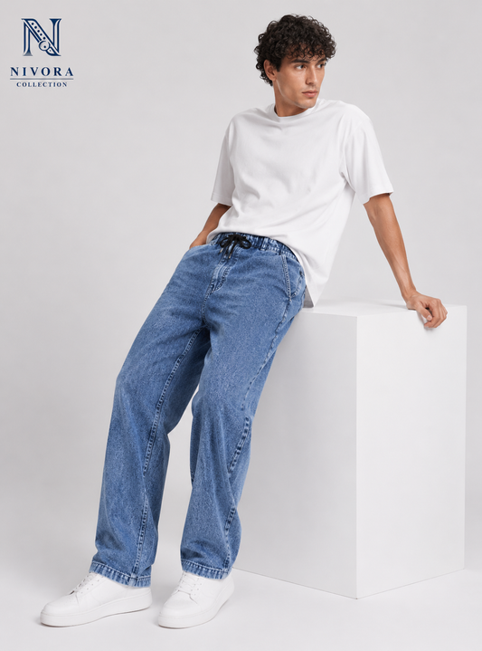 Nivora Collections Spray Wash Blue Baggy Jeans for Men