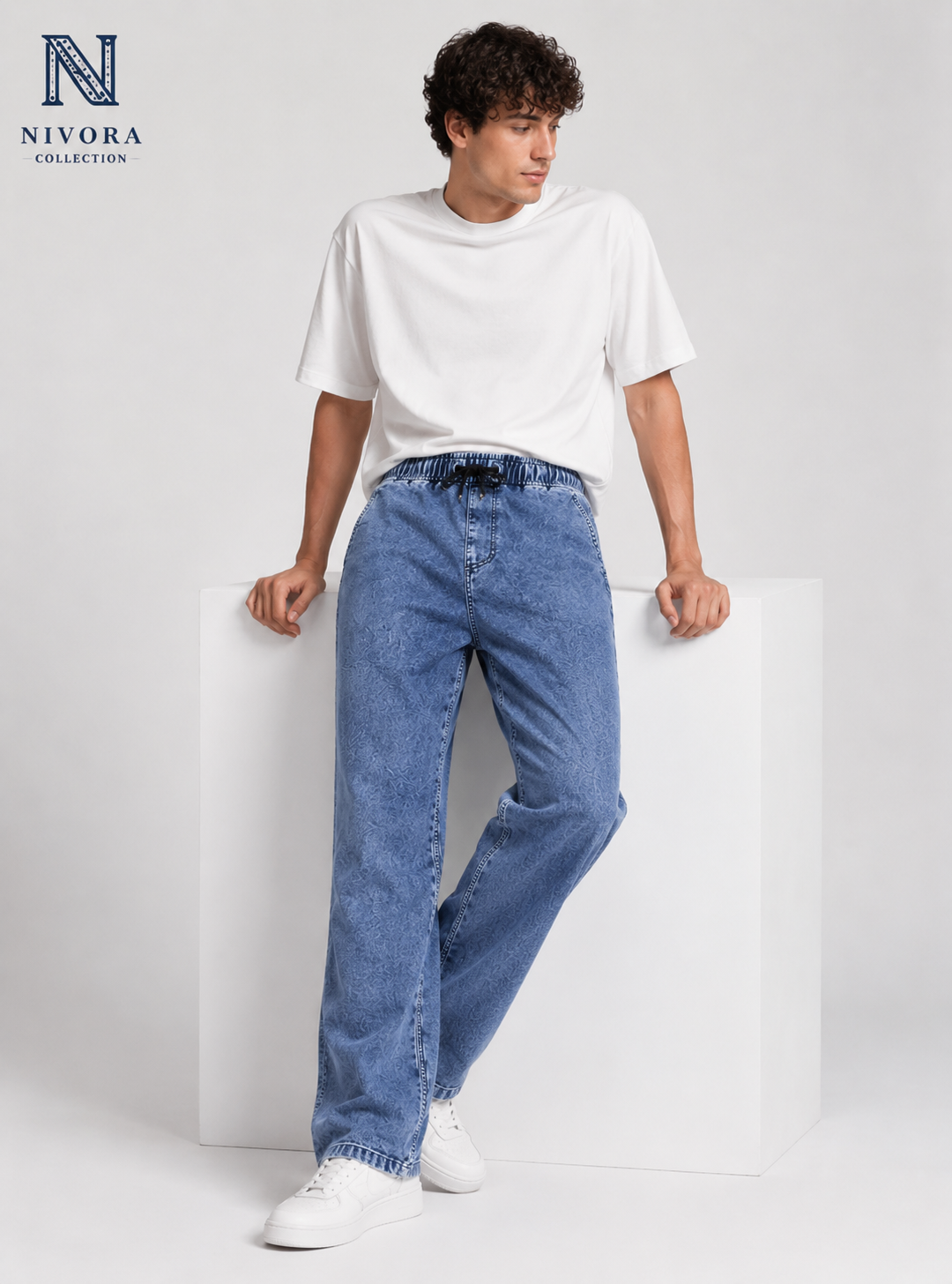 Nivora Collections Spray Wash Blue Baggy Jeans for Men