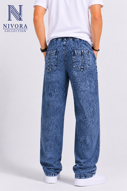 Nivora Collections Dark Blue Stonewash Loose Jeans for Men