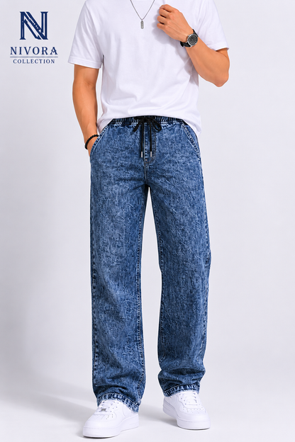 Nivora Collections Dark Blue Stonewash Loose Jeans for Men