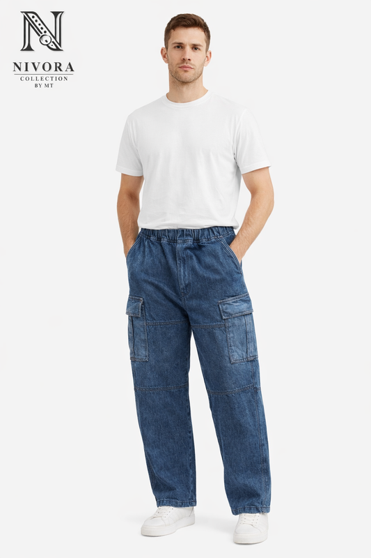 Nivora Collections | Dark Blue Baggy Cargo Jeans 6 Pockets for Men