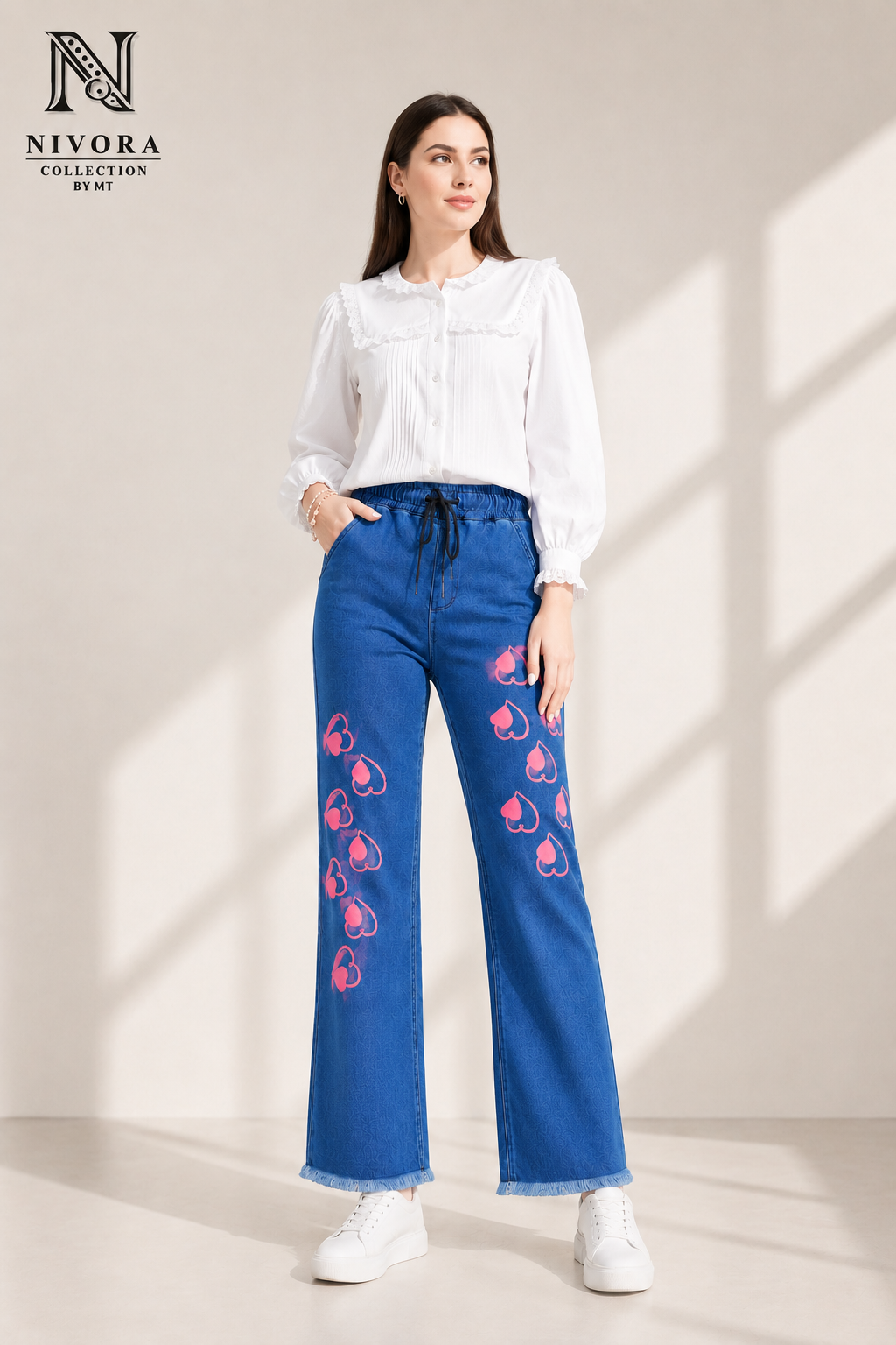 Nivora Collections Ladies Wide Leg Heart Printed Denim Jeans Dark Blue
